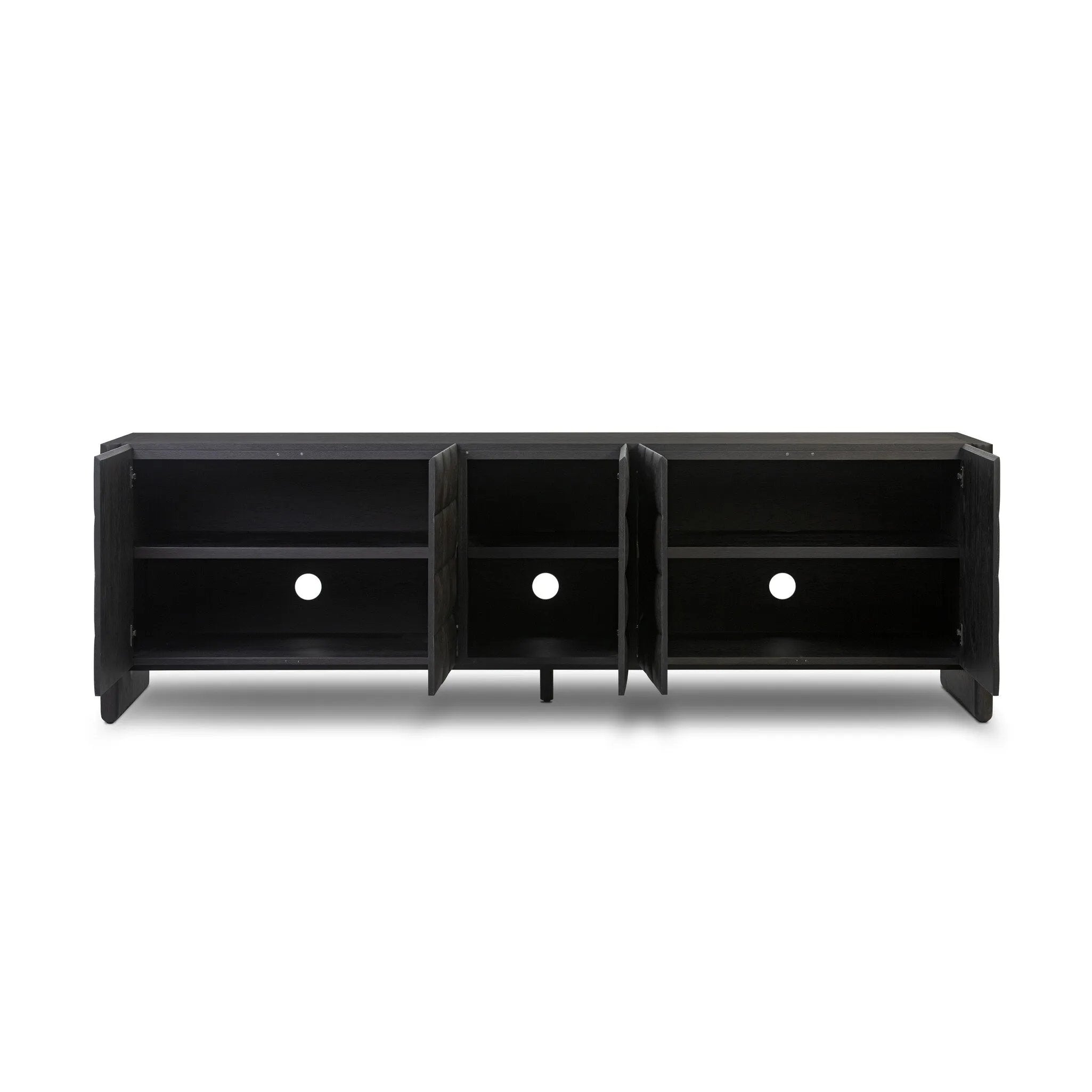 As lovers of wabi sabi aesthetics at Amethyst, we love the warm modern inspired Swell Sideboard - Dry Black Oak Veneer. This item pairs well with other brands such as Cisco Home and is perfect for coastal homes Amethyst Home provides interior design, new home construction design consulting, vintage area rugs, and lighting in the Newport Beach metro area.