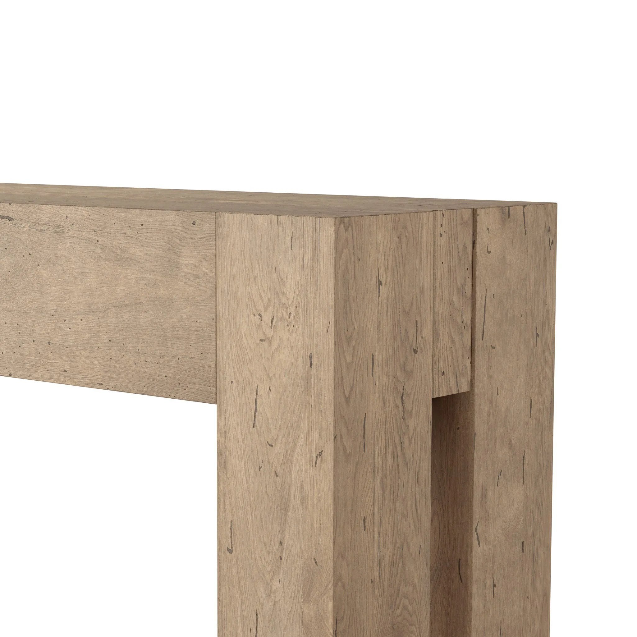 Made from thick-cut oak veneer with a faux rustic finish made to emulate wormwood, this large-scale console table features chunky squared legs and dovetail joinery detailing.As lovers of modern design at Amethyst, we love the designer inspired Abaso Console Table - Whitewash Rustic Wormwood Oak. Amethyst Home provides interior design, new home construction design consulting, vintage area rugs, and lighting in the Charlotte metro area.