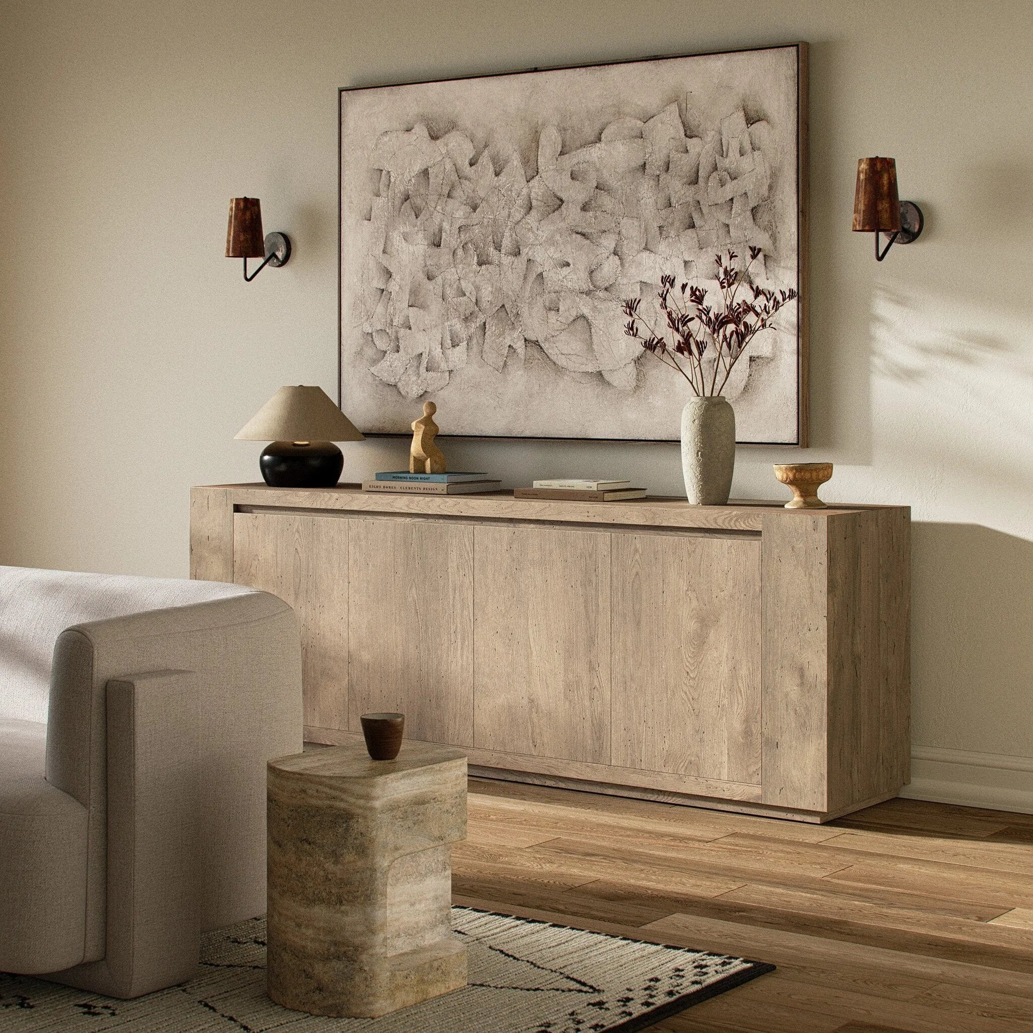 Made from thick-cut oak veneer with a faux rustic finish made to emulate wormwood oak, this low, large-scale sideboard features chunky squared legs and dovetail joinery detailing.As lovers of natural materials at Amethyst, we love the designer inspired Abaso Sideboard - Whitewash Rustic Wormwood Oak. Amethyst Home provides interior design, new home construction design consulting, vintage area rugs, and lighting in the Alpharetta metro area.