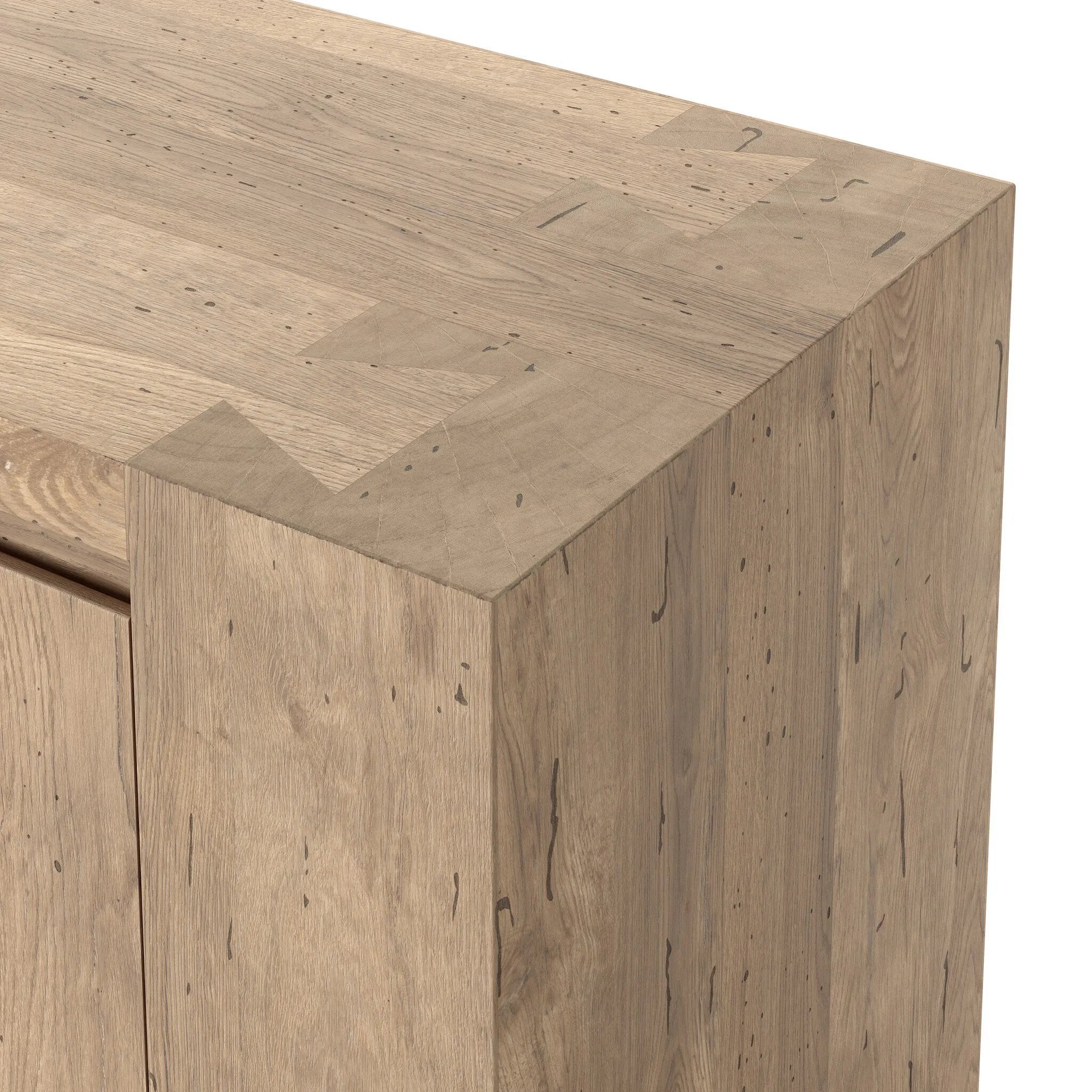 Made from thick-cut oak veneer with a faux rustic finish made to emulate wormwood oak, this low, large-scale sideboard features chunky squared legs and dovetail joinery detailing.As lovers of natural materials at Amethyst, we love the designer inspired Abaso Sideboard - Whitewash Rustic Wormwood Oak. Amethyst Home provides interior design, new home construction design consulting, vintage area rugs, and lighting in the Calabasas metro area.
