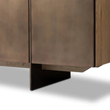 Designed around the piece’s slim metal legs, this media console combines aged brass-finished iron and aged smoked oak veneer for a sleek, modern look. Shelving and drawers provide ample room for your living or media space essentials. Rear cutouts for cord management. Amethyst Home provides interior design, new home construction design consulting, vintage area rugs, and lighting in the Des Moines metro area.