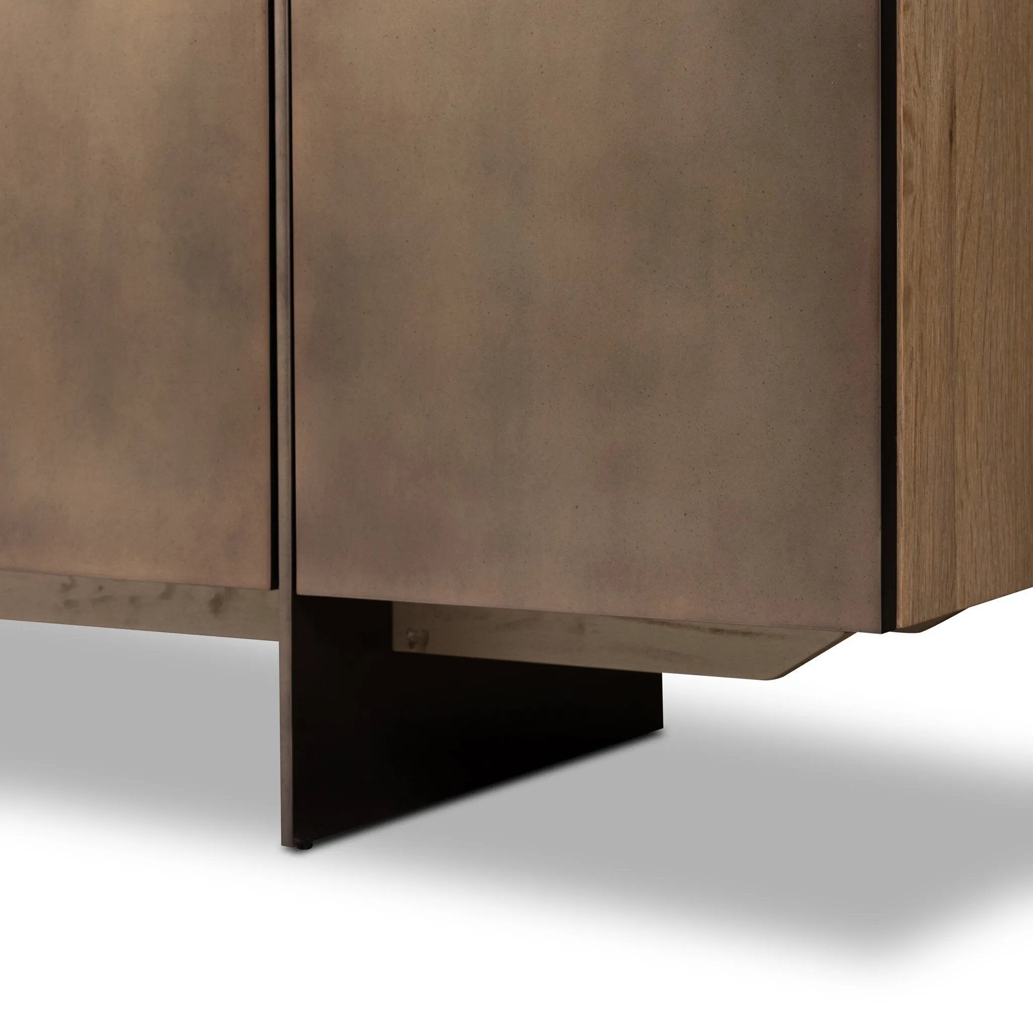Designed around the piece’s slim metal legs, this media console combines aged brass-finished iron and aged smoked oak veneer for a sleek, modern look. Shelving and drawers provide ample room for your living or media space essentials. Rear cutouts for cord management. Amethyst Home provides interior design, new home construction design consulting, vintage area rugs, and lighting in the Des Moines metro area.