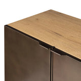 Designed around the piece’s slim metal legs, this media console combines aged brass-finished iron and aged smoked oak veneer for a sleek, modern look. Shelving and drawers provide ample room for your living or media space essentials. Rear cutouts for cord management. Amethyst Home provides interior design, new home construction design consulting, vintage area rugs, and lighting in the Houston metro area.
