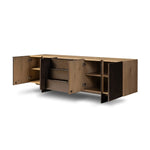 Designed around the piece’s slim metal legs, this media console combines aged brass-finished iron and aged smoked oak veneer for a sleek, modern look. Shelving and drawers provide ample room for your living or media space essentials. Rear cutouts for cord management. Amethyst Home provides interior design, new home construction design consulting, vintage area rugs, and lighting in the Nashville metro area.