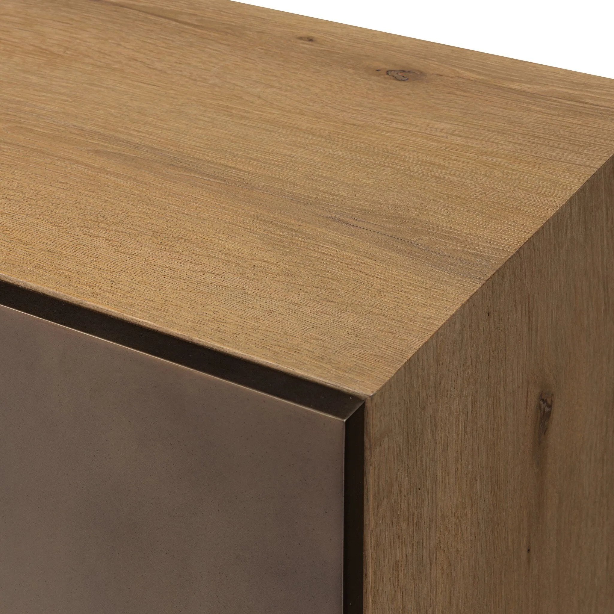 Designed around the piece’s slim metal legs, this media console combines aged brass-finished iron and aged smoked oak veneer for a sleek, modern look. Shelving and drawers provide ample room for your living or media space essentials. Rear cutouts for cord management. Amethyst Home provides interior design, new home construction design consulting, vintage area rugs, and lighting in the San Diego metro area.