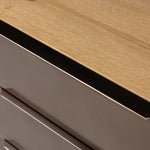 Designed around the piece’s slim metal legs, this media console combines aged brass-finished iron and aged smoked oak veneer for a sleek, modern look. Shelving and drawers provide ample room for your living or media space essentials. Rear cutouts for cord management. Amethyst Home provides interior design, new home construction design consulting, vintage area rugs, and lighting in the Winter Garden metro area.