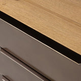 Designed around the piece’s slim metal legs, this media console combines aged brass-finished iron and aged smoked oak veneer for a sleek, modern look. Shelving and drawers provide ample room for your living or media space essentials. Rear cutouts for cord management. Amethyst Home provides interior design, new home construction design consulting, vintage area rugs, and lighting in the Winter Garden metro area.