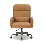 Plush top-grain leather and soft, rounded elements make for a comfortable sit. The oversized desk chair’s simplified tufting adds texture and visual movement to your office. A height-adjustable 360-degree swivel base with casters allows for easy accommodation. Amethyst Home provides interior design, new home construction design consulting, vintage area rugs, and lighting in the Houston metro area.