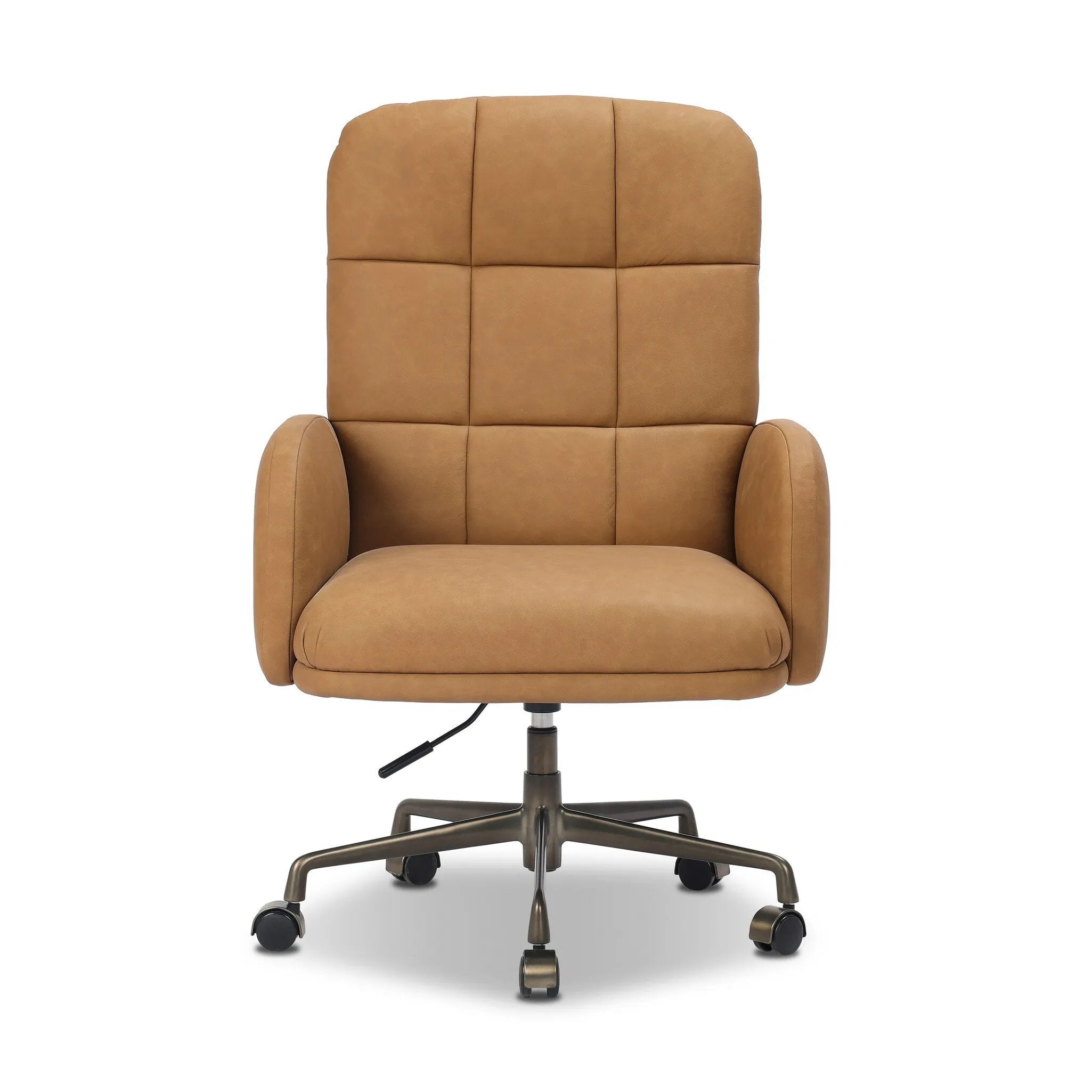 Plush top-grain leather and soft, rounded elements make for a comfortable sit. The oversized desk chair’s simplified tufting adds texture and visual movement to your office. A height-adjustable 360-degree swivel base with casters allows for easy accommodation. Amethyst Home provides interior design, new home construction design consulting, vintage area rugs, and lighting in the Houston metro area.