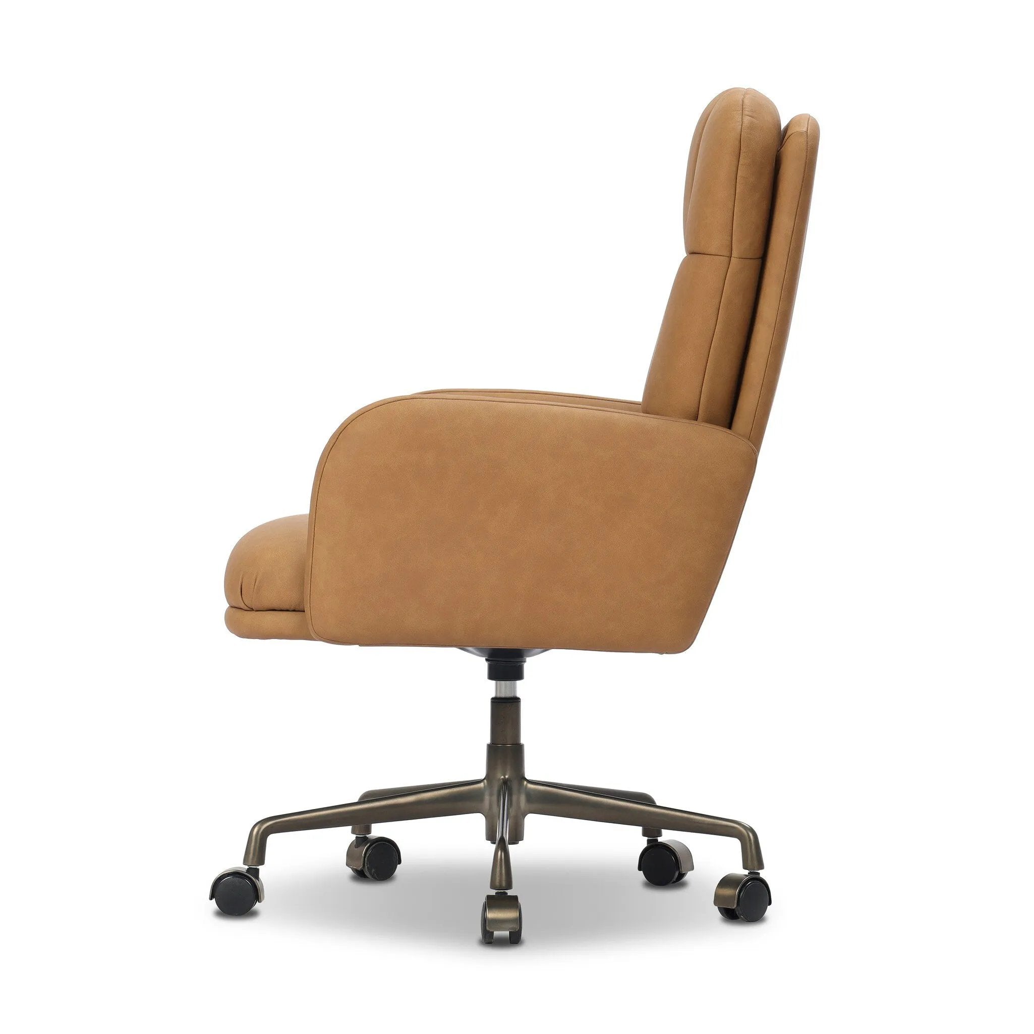 Plush top-grain leather and soft, rounded elements make for a comfortable sit. The oversized desk chair’s simplified tufting adds texture and visual movement to your office. A height-adjustable 360-degree swivel base with casters allows for easy accommodation. Amethyst Home provides interior design, new home construction design consulting, vintage area rugs, and lighting in the Tampa metro area.