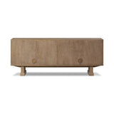 Store favorite dinnerware, table linens and more in this modernized Deco sideboard, with inverted chamfered framing and molding around the doors. Made from solid oak with a light, drifted finish and ski-style legs that elevate the whole piece Amethyst Home provides interior design, new home construction design consulting, vintage area rugs, and lighting in the Charlotte metro area.