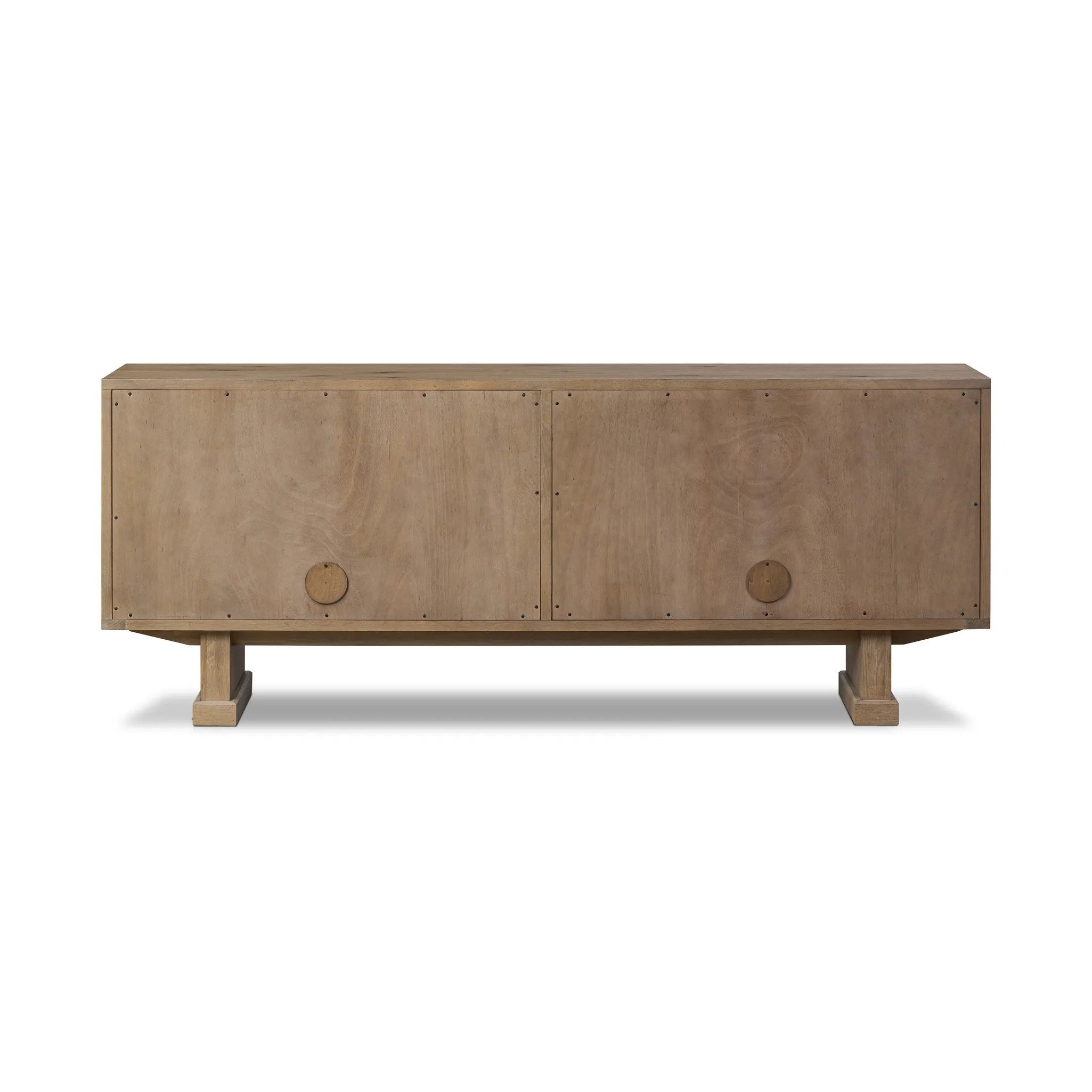 Store favorite dinnerware, table linens and more in this modernized Deco sideboard, with inverted chamfered framing and molding around the doors. Made from solid oak with a light, drifted finish and ski-style legs that elevate the whole piece Amethyst Home provides interior design, new home construction design consulting, vintage area rugs, and lighting in the Charlotte metro area.