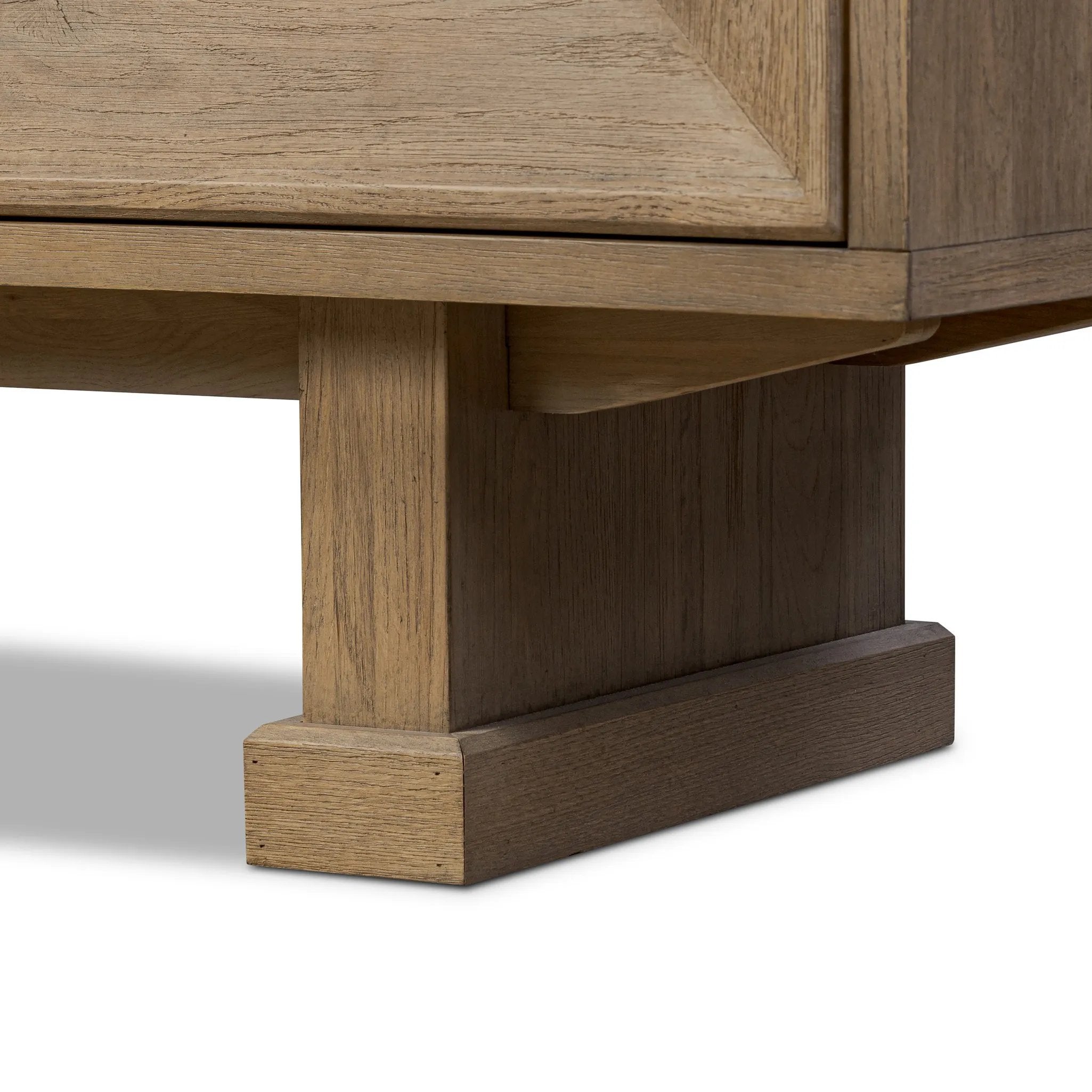 Store favorite dinnerware, table linens and more in this modernized Deco sideboard, with inverted chamfered framing and molding around the doors. Made from solid oak with a light, drifted finish and ski-style legs that elevate the whole piece Amethyst Home provides interior design, new home construction design consulting, vintage area rugs, and lighting in the Des Moines metro area.