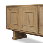Store favorite dinnerware, table linens and more in this modernized Deco sideboard, with inverted chamfered framing and molding around the doors. Made from solid oak with a light, drifted finish and ski-style legs that elevate the whole piece Amethyst Home provides interior design, new home construction design consulting, vintage area rugs, and lighting in the Salt Lake City metro area.