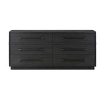 Featuring Adolfo Modern Black Ash 6 Drawer Dresser by Four Hands at Amethyst Home. Beautifully minimalist. A six-drawer dresser made from black-finished ash  features long, linear bronzed hardware for a smooth, clean look.Overall Dimensions: 72.00"w x 21.50"d x 32.25"hWeight : 306.44 lbsMaterials: Ash Veneer, Solid Ash. Amethyst Home provides interior design, new home construction design consulting, vintage area rugs, and lighting in the Boston metro area.
