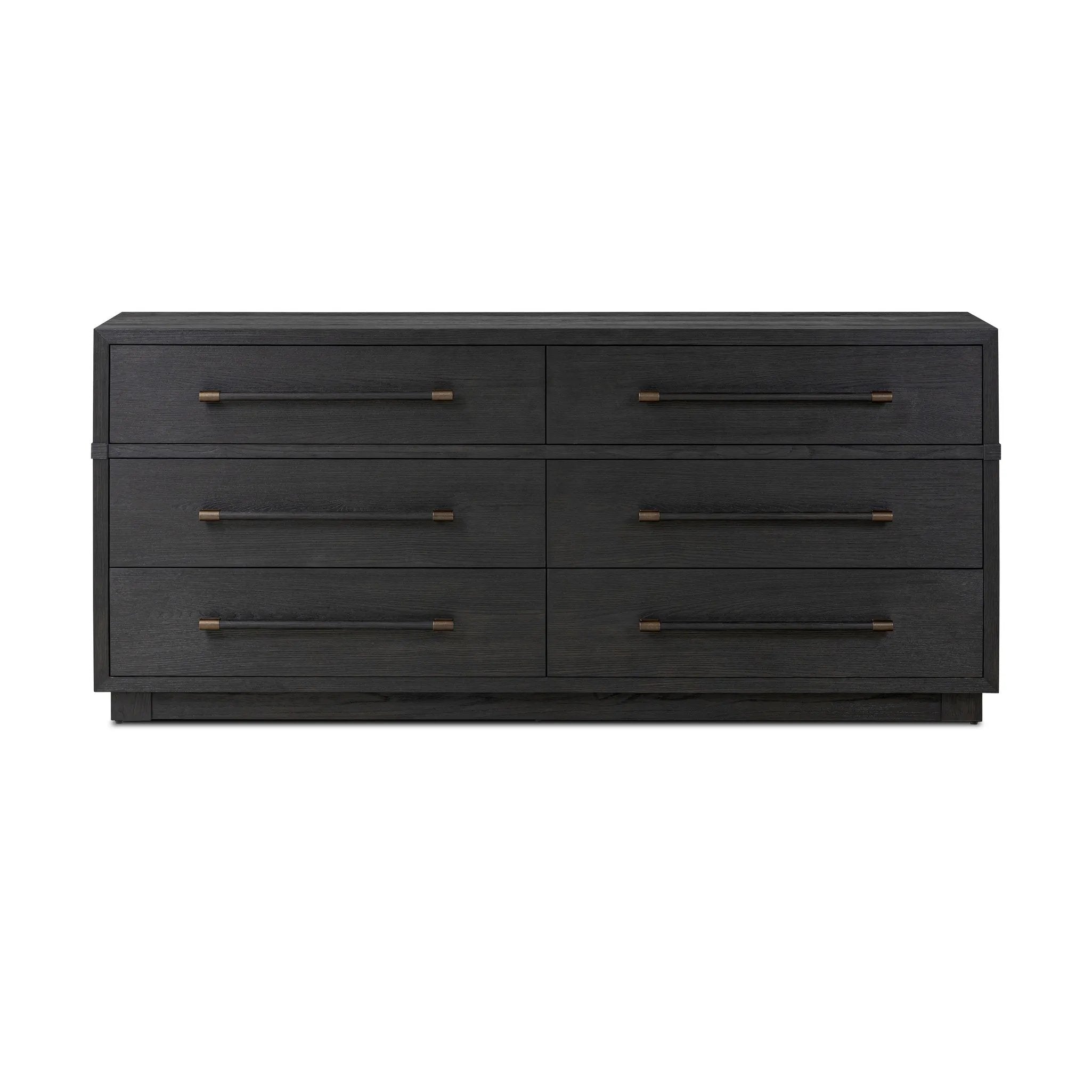 Beautifully minimalist. A six-drawer dresser made from black-finished ash  features long, linear bronzed hardware for a smooth, clean look Amethyst Home provides interior design, new home construction design consulting, vintage area rugs, and lighting in the Boston metro area.