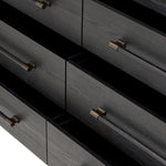 Featuring Adolfo Modern Black Ash 6 Drawer Dresser by Four Hands at Amethyst Home. Beautifully minimalist. A six-drawer dresser made from black-finished ash  features long, linear bronzed hardware for a smooth, clean look.Overall Dimensions: 72.00"w x 21.50"d x 32.25"hWeight : 306.44 lbsMaterials: Ash Veneer, Solid Ash. Amethyst Home provides interior design, new home construction design consulting, vintage area rugs, and lighting in the Charlotte metro area.