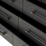 Featuring Adolfo Modern Black Ash 6 Drawer Dresser by Four Hands at Amethyst Home. Beautifully minimalist. A six-drawer dresser made from black-finished ash  features long, linear bronzed hardware for a smooth, clean look.Overall Dimensions: 72.00"w x 21.50"d x 32.25"hWeight : 306.44 lbsMaterials: Ash Veneer, Solid Ash. Amethyst Home provides interior design, new home construction design consulting, vintage area rugs, and lighting in the Charlotte metro area.