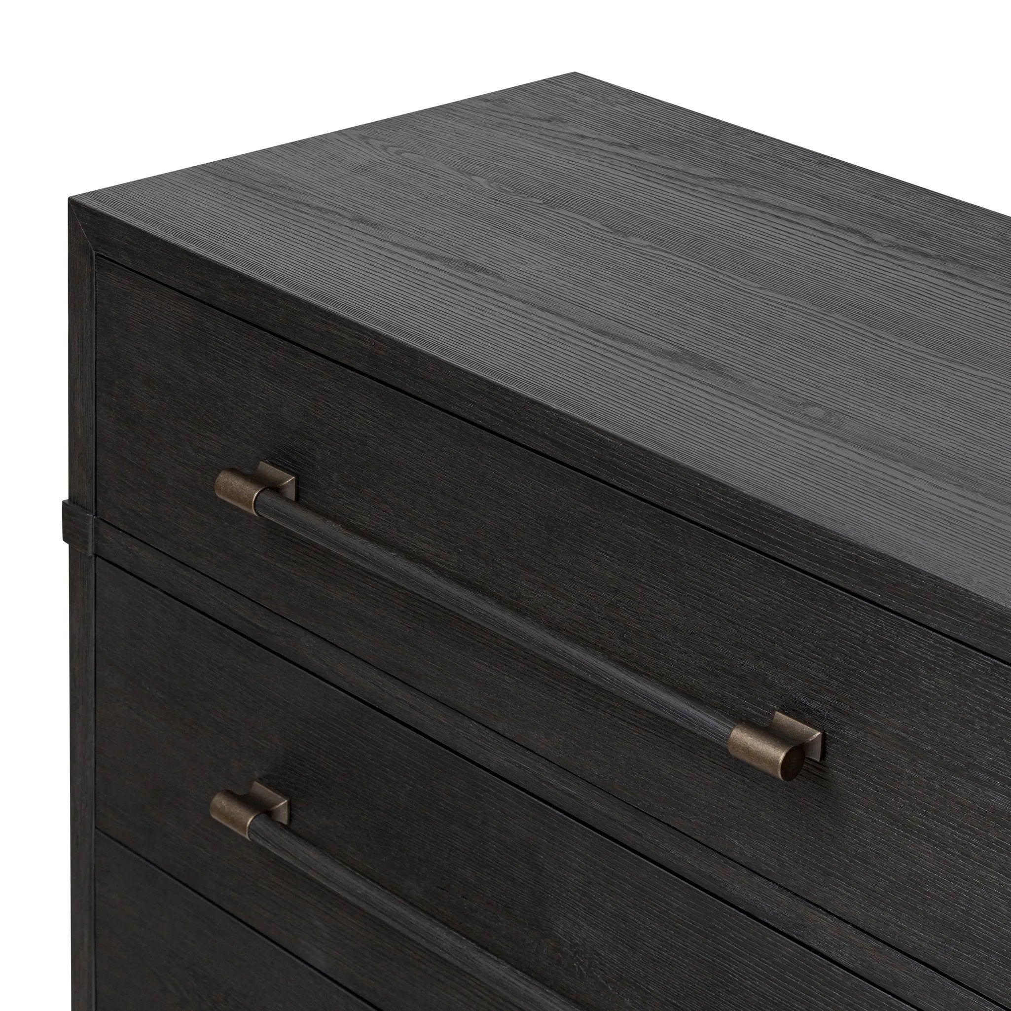 Featuring Adolfo Modern Black Ash 6 Drawer Dresser by Four Hands at Amethyst Home. Beautifully minimalist. A six-drawer dresser made from black-finished ash  features long, linear bronzed hardware for a smooth, clean look.Overall Dimensions: 72.00"w x 21.50"d x 32.25"hWeight : 306.44 lbsMaterials: Ash Veneer, Solid Ash. Amethyst Home provides interior design, new home construction design consulting, vintage area rugs, and lighting in the Dallas metro area.