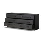 Featuring Adolfo Modern Black Ash 6 Drawer Dresser by Four Hands at Amethyst Home. Beautifully minimalist. A six-drawer dresser made from black-finished ash  features long, linear bronzed hardware for a smooth, clean look.Overall Dimensions: 72.00"w x 21.50"d x 32.25"hWeight : 306.44 lbsMaterials: Ash Veneer, Solid Ash. Amethyst Home provides interior design, new home construction design consulting, vintage area rugs, and lighting in the Monterey metro area.