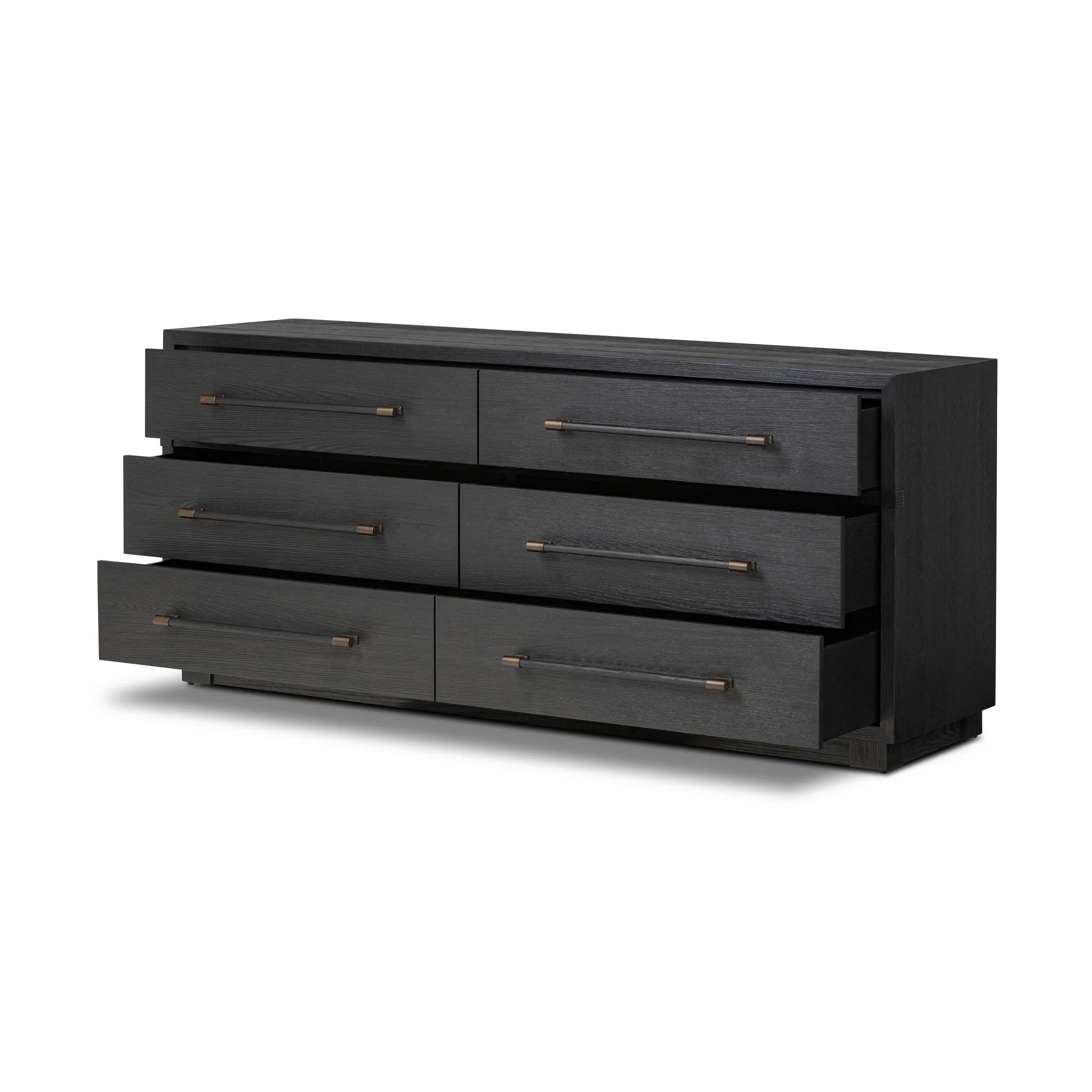 Featuring Adolfo Modern Black Ash 6 Drawer Dresser by Four Hands at Amethyst Home. Beautifully minimalist. A six-drawer dresser made from black-finished ash  features long, linear bronzed hardware for a smooth, clean look.Overall Dimensions: 72.00"w x 21.50"d x 32.25"hWeight : 306.44 lbsMaterials: Ash Veneer, Solid Ash. Amethyst Home provides interior design, new home construction design consulting, vintage area rugs, and lighting in the Monterey metro area.