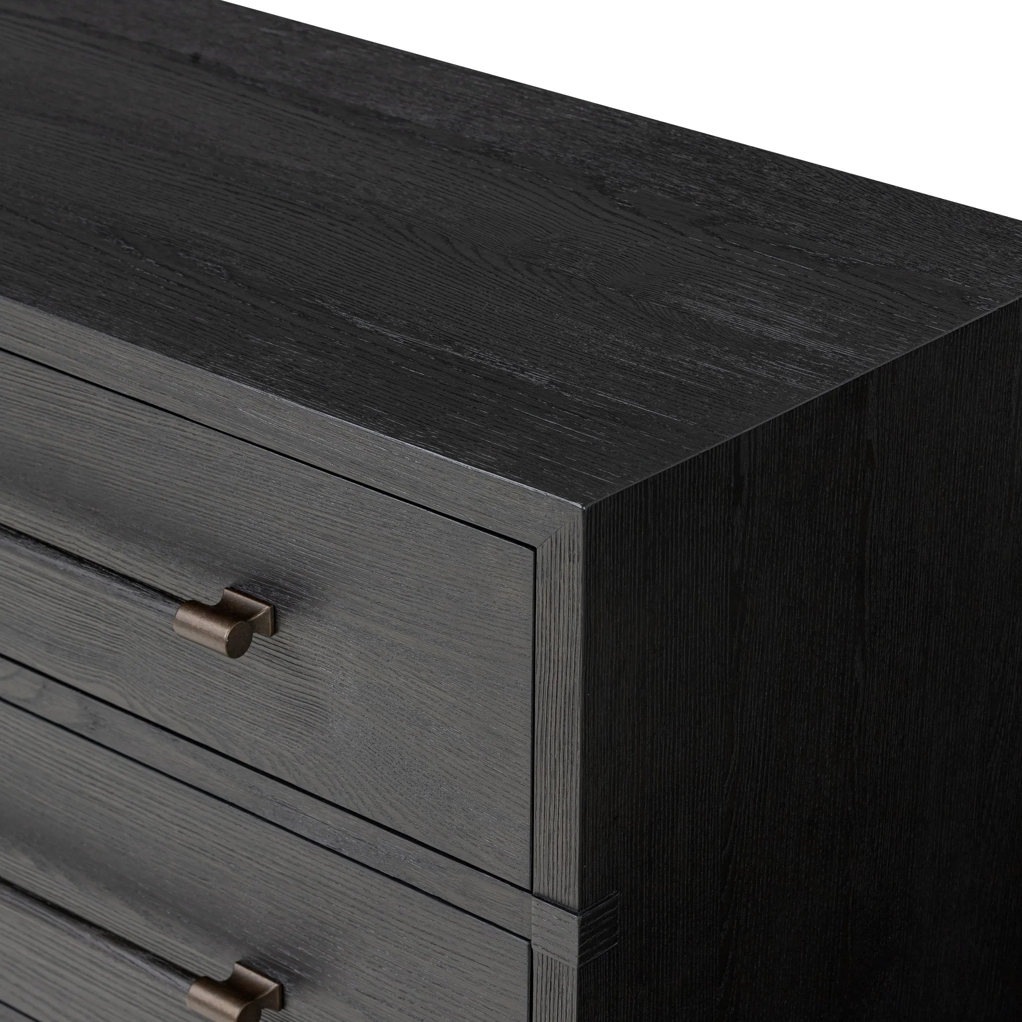 Featuring Adolfo Modern Black Ash 6 Drawer Dresser by Four Hands at Amethyst Home. Beautifully minimalist. A six-drawer dresser made from black-finished ash  features long, linear bronzed hardware for a smooth, clean look.Overall Dimensions: 72.00"w x 21.50"d x 32.25"hWeight : 306.44 lbsMaterials: Ash Veneer, Solid Ash. Amethyst Home provides interior design, new home construction design consulting, vintage area rugs, and lighting in the Newport Beach metro area.