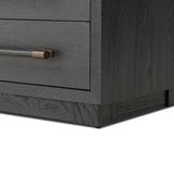Featuring Adolfo Modern Black Ash Nightstand by Four Hands at Amethyst Home. Beautifully minimalist. A three-drawer dresser made from black-finished ash  features long, linear bronzed hardware for a smooth, clean look.Overall Dimensions: 32.00"w x 20.50"d x 26.25"hWeight : 114.64 lbsMaterials: Ash Veneer, Solid Ash. Amethyst Home provides interior design, new home construction design consulting, vintage area rugs, and lighting in the Austin metro area.