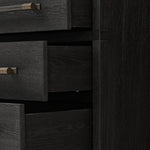 Featuring Adolfo Modern Black Ash Nightstand by Four Hands at Amethyst Home. Beautifully minimalist. A three-drawer dresser made from black-finished ash  features long, linear bronzed hardware for a smooth, clean look.Overall Dimensions: 32.00"w x 20.50"d x 26.25"hWeight : 114.64 lbsMaterials: Ash Veneer, Solid Ash. Amethyst Home provides interior design, new home construction design consulting, vintage area rugs, and lighting in the Boston metro area.