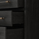 Featuring Adolfo Modern Black Ash Nightstand by Four Hands at Amethyst Home. Beautifully minimalist. A three-drawer dresser made from black-finished ash  features long, linear bronzed hardware for a smooth, clean look.Overall Dimensions: 32.00"w x 20.50"d x 26.25"hWeight : 114.64 lbsMaterials: Ash Veneer, Solid Ash. Amethyst Home provides interior design, new home construction design consulting, vintage area rugs, and lighting in the Boston metro area.