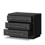 Featuring Adolfo Modern Black Ash Nightstand by Four Hands at Amethyst Home. Beautifully minimalist. A three-drawer dresser made from black-finished ash  features long, linear bronzed hardware for a smooth, clean look.Overall Dimensions: 32.00"w x 20.50"d x 26.25"hWeight : 114.64 lbsMaterials: Ash Veneer, Solid Ash. Amethyst Home provides interior design, new home construction design consulting, vintage area rugs, and lighting in the Calabasas metro area.