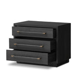 Featuring Adolfo Modern Black Ash Nightstand by Four Hands at Amethyst Home. Beautifully minimalist. A three-drawer dresser made from black-finished ash  features long, linear bronzed hardware for a smooth, clean look.Overall Dimensions: 32.00"w x 20.50"d x 26.25"hWeight : 114.64 lbsMaterials: Ash Veneer, Solid Ash. Amethyst Home provides interior design, new home construction design consulting, vintage area rugs, and lighting in the Calabasas metro area.