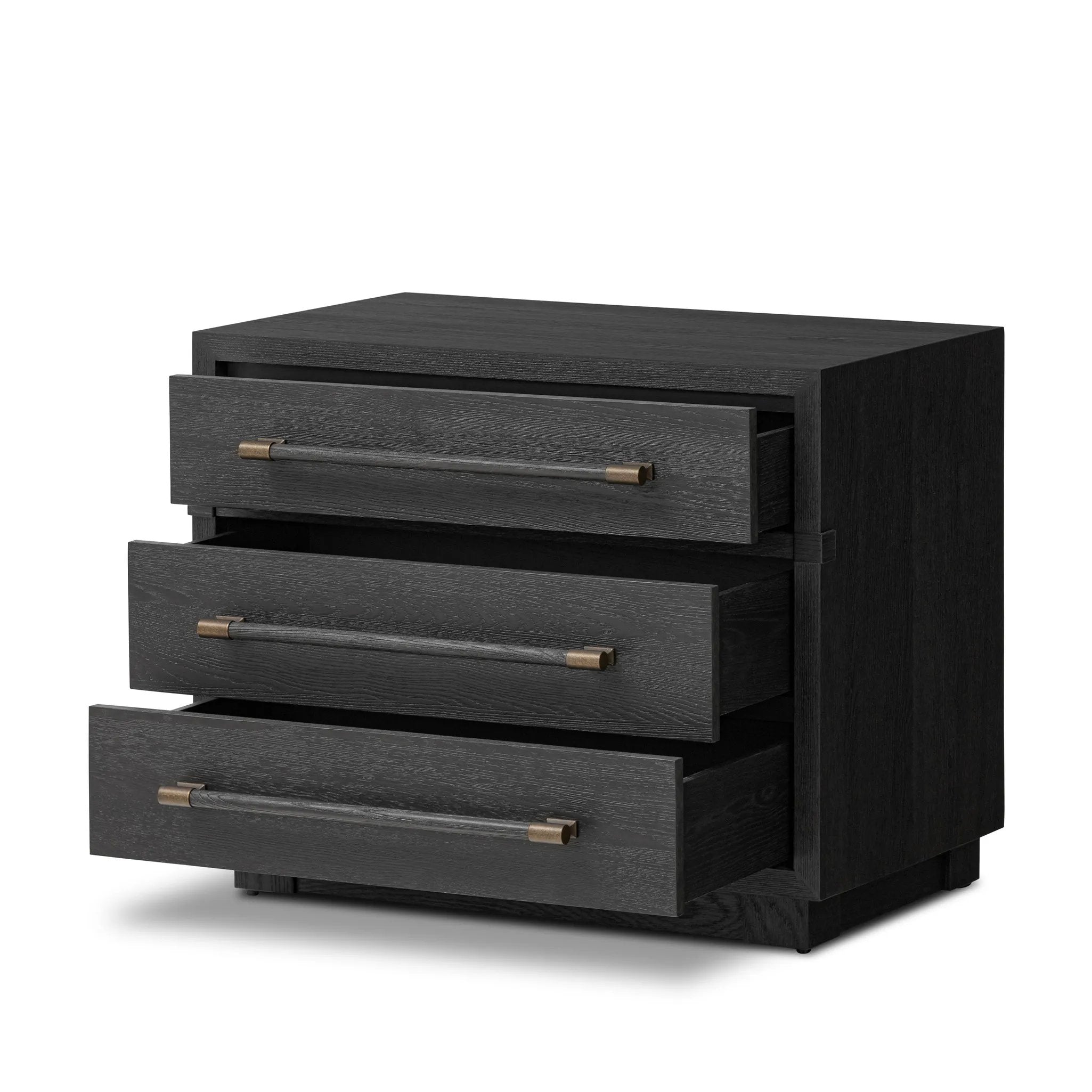 Featuring Adolfo Modern Black Ash Nightstand by Four Hands at Amethyst Home. Beautifully minimalist. A three-drawer dresser made from black-finished ash  features long, linear bronzed hardware for a smooth, clean look.Overall Dimensions: 32.00"w x 20.50"d x 26.25"hWeight : 114.64 lbsMaterials: Ash Veneer, Solid Ash. Amethyst Home provides interior design, new home construction design consulting, vintage area rugs, and lighting in the Calabasas metro area.