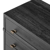 Featuring Adolfo Modern Black Ash Nightstand by Four Hands at Amethyst Home. Beautifully minimalist. A three-drawer dresser made from black-finished ash  features long, linear bronzed hardware for a smooth, clean look.Overall Dimensions: 32.00"w x 20.50"d x 26.25"hWeight : 114.64 lbsMaterials: Ash Veneer, Solid Ash. Amethyst Home provides interior design, new home construction design consulting, vintage area rugs, and lighting in the Des Moines metro area.