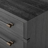 Featuring Adolfo Modern Black Ash Nightstand by Four Hands at Amethyst Home. Beautifully minimalist. A three-drawer dresser made from black-finished ash  features long, linear bronzed hardware for a smooth, clean look.Overall Dimensions: 32.00"w x 20.50"d x 26.25"hWeight : 114.64 lbsMaterials: Ash Veneer, Solid Ash. Amethyst Home provides interior design, new home construction design consulting, vintage area rugs, and lighting in the Monterey metro area.