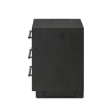 Featuring Adolfo Modern Black Ash Nightstand by Four Hands at Amethyst Home. Beautifully minimalist. A three-drawer dresser made from black-finished ash  features long, linear bronzed hardware for a smooth, clean look.Overall Dimensions: 32.00"w x 20.50"d x 26.25"hWeight : 114.64 lbsMaterials: Ash Veneer, Solid Ash. Amethyst Home provides interior design, new home construction design consulting, vintage area rugs, and lighting in the Nashville metro area.
