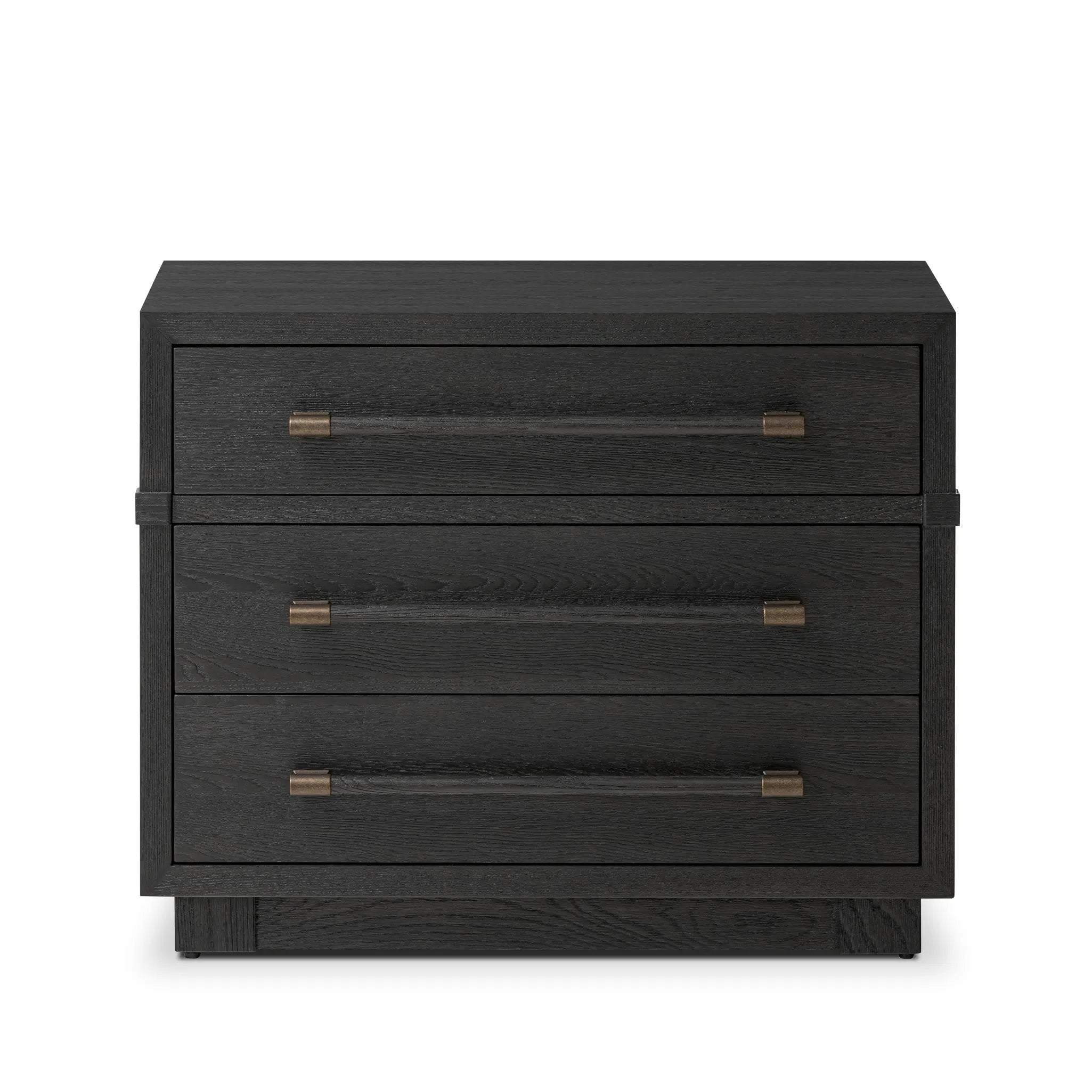 Beautifully minimalist. A three-drawer dresser made from black-finished ash  features long, linear bronzed hardware for a smooth, clean look Amethyst Home provides interior design, new home construction design consulting, vintage area rugs, and lighting in the Park City metro area.