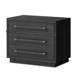 Featuring Adolfo Modern Black Ash Nightstand by Four Hands at Amethyst Home. Beautifully minimalist. A three-drawer dresser made from black-finished ash  features long, linear bronzed hardware for a smooth, clean look.Overall Dimensions: 32.00"w x 20.50"d x 26.25"hWeight : 114.64 lbsMaterials: Ash Veneer, Solid Ash. Amethyst Home provides interior design, new home construction design consulting, vintage area rugs, and lighting in the Salt Lake City metro area.