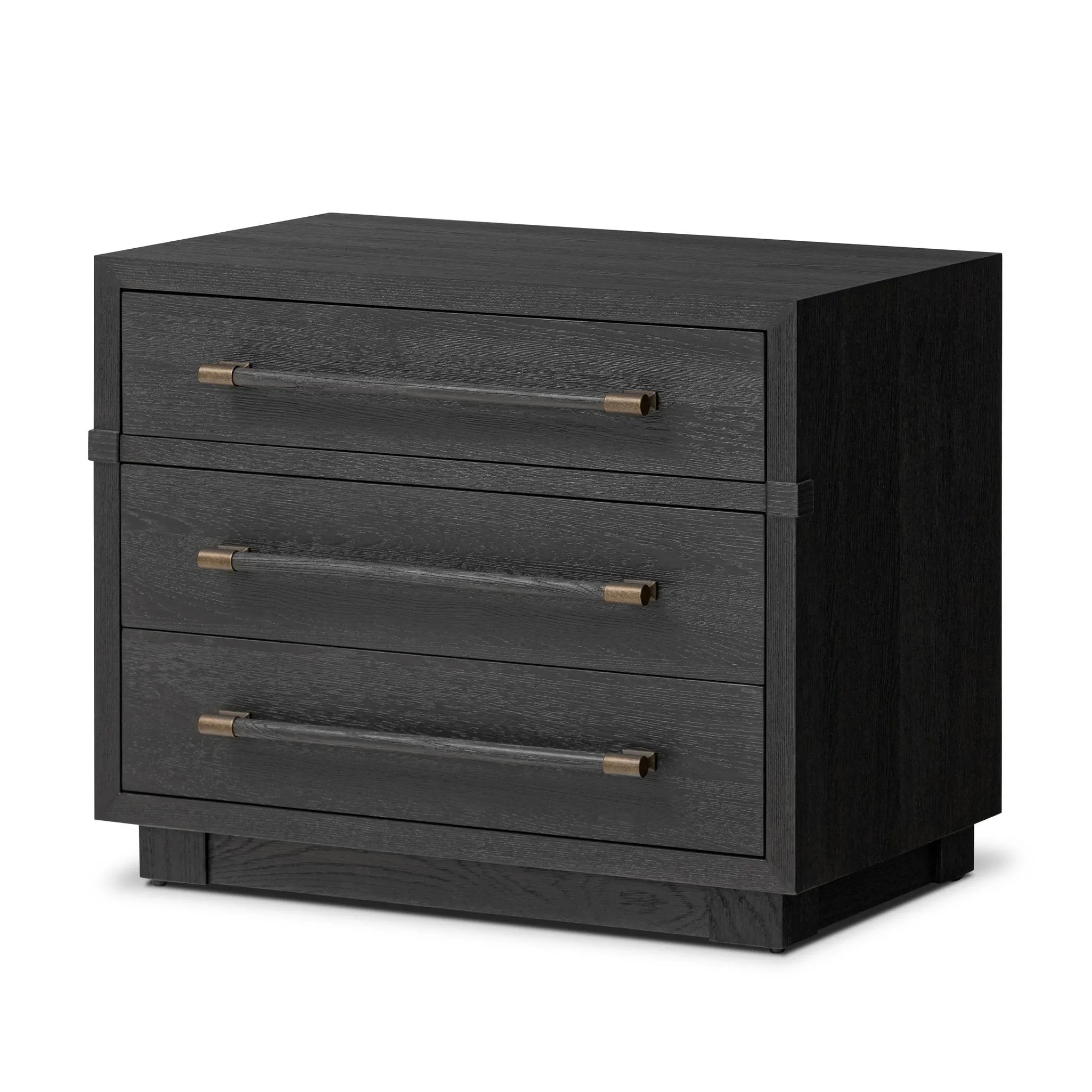 Beautifully minimalist. A three-drawer dresser made from black-finished ash  features long, linear bronzed hardware for a smooth, clean look Amethyst Home provides interior design, new home construction design consulting, vintage area rugs, and lighting in the Salt Lake City metro area.