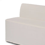 Featuring Ainsworth Broadway Snow Slipcover Dining Bench by Four Hands at Amethyst Home. A sculptural shape with clean lines and oversized dome-shaped arms. Tight construction allows a fully removable, machine-washable slipcover to drape over the entire piece. Slipcover is handmade from a natural, resilient white 100% flax/linen blend; attaches to the fram. Amethyst Home provides interior design, new home construction design consulting, vintage area rugs, and lighting in the Alpharetta metro area.