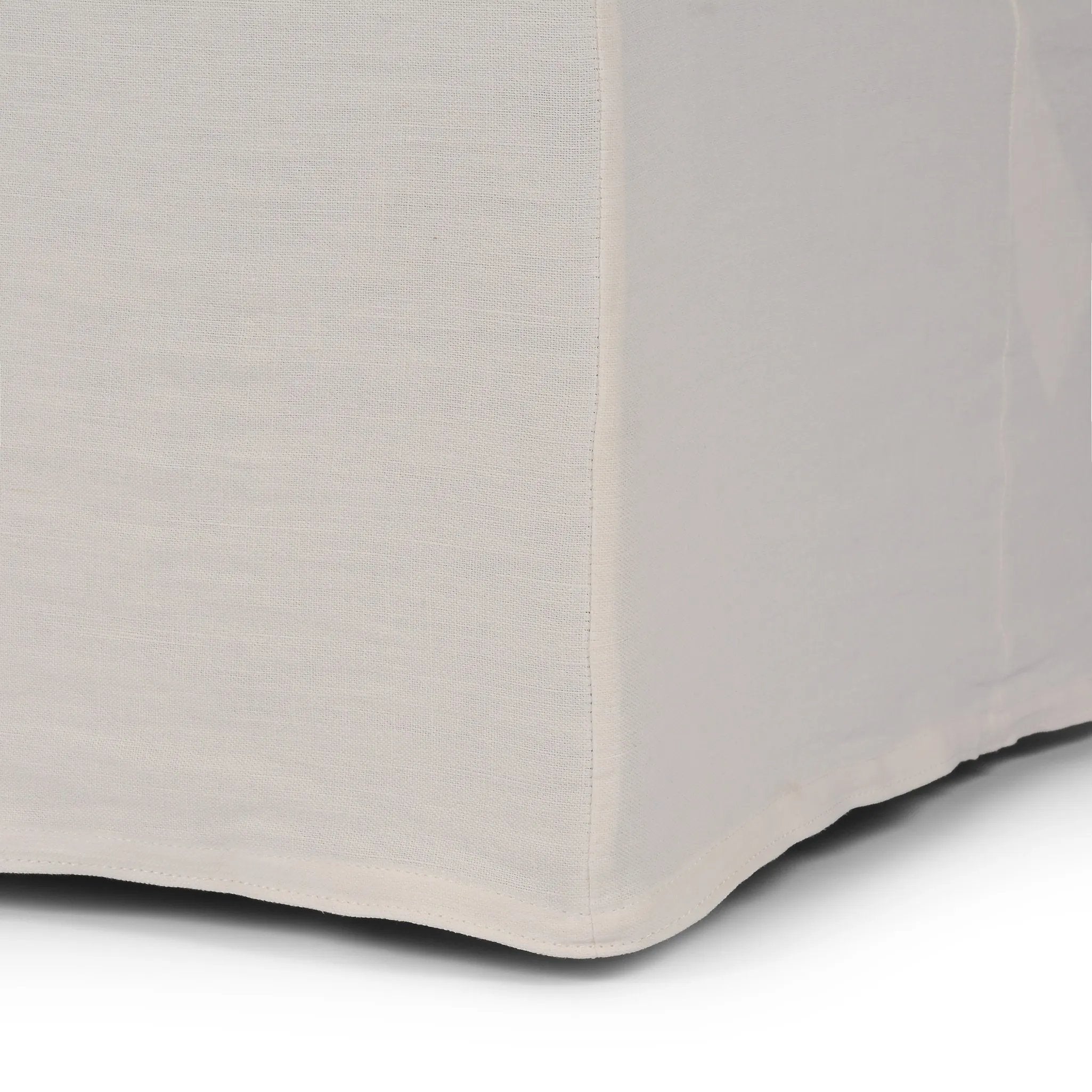 Featuring Ainsworth Broadway Snow Slipcover Dining Bench by Four Hands at Amethyst Home. A sculptural shape with clean lines and oversized dome-shaped arms. Tight construction allows a fully removable, machine-washable slipcover to drape over the entire piece. Slipcover is handmade from a natural, resilient white 100% flax/linen blend; attaches to the fra. Amethyst Home provides interior design, new home construction design consulting, vintage area rugs, and lighting in the Kansas City metro area.