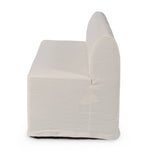 Featuring Ainsworth Broadway Snow Slipcover Dining Bench by Four Hands at Amethyst Home. A sculptural shape with clean lines and oversized dome-shaped arms. Tight construction allows a fully removable, machine-washable slipcover to drape over the entire piece. Slipcover is handmade from a natural, resilient white 100% flax/linen blend; attaches to the fr. Amethyst Home provides interior design, new home construction design consulting, vintage area rugs, and lighting in the Laguna Beach metro area.