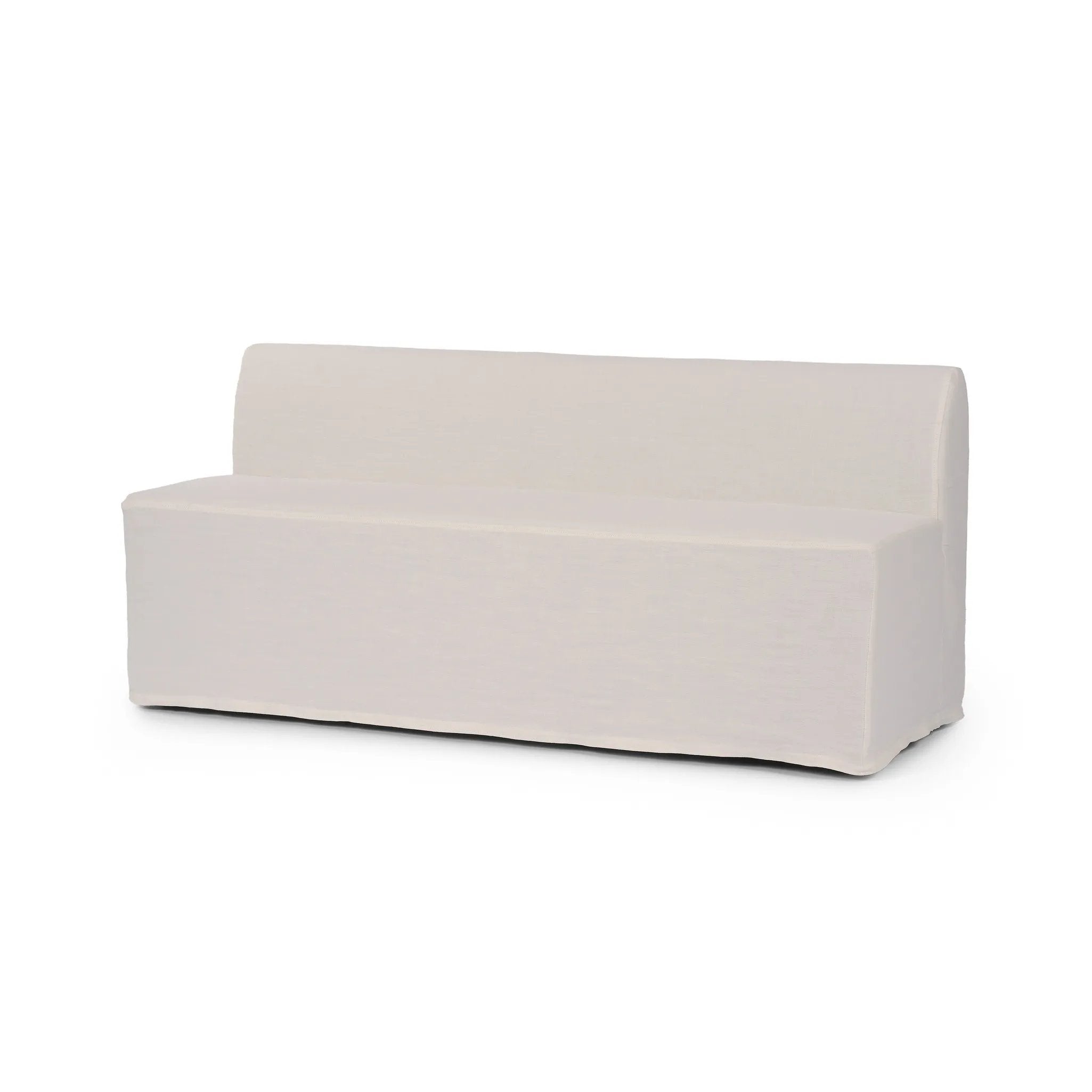 Featuring Ainsworth Broadway Snow Slipcover Dining Bench by Four Hands at Amethyst Home. A sculptural shape with clean lines and oversized dome-shaped arms. Tight construction allows a fully removable, machine-washable slipcover to drape over the entire piece. Slipcover is handmade from a natural, resilient white 100% flax/linen blend; attaches to the frame wit. Amethyst Home provides interior design, new home construction design consulting, vintage area rugs, and lighting in the Miami metro area.
