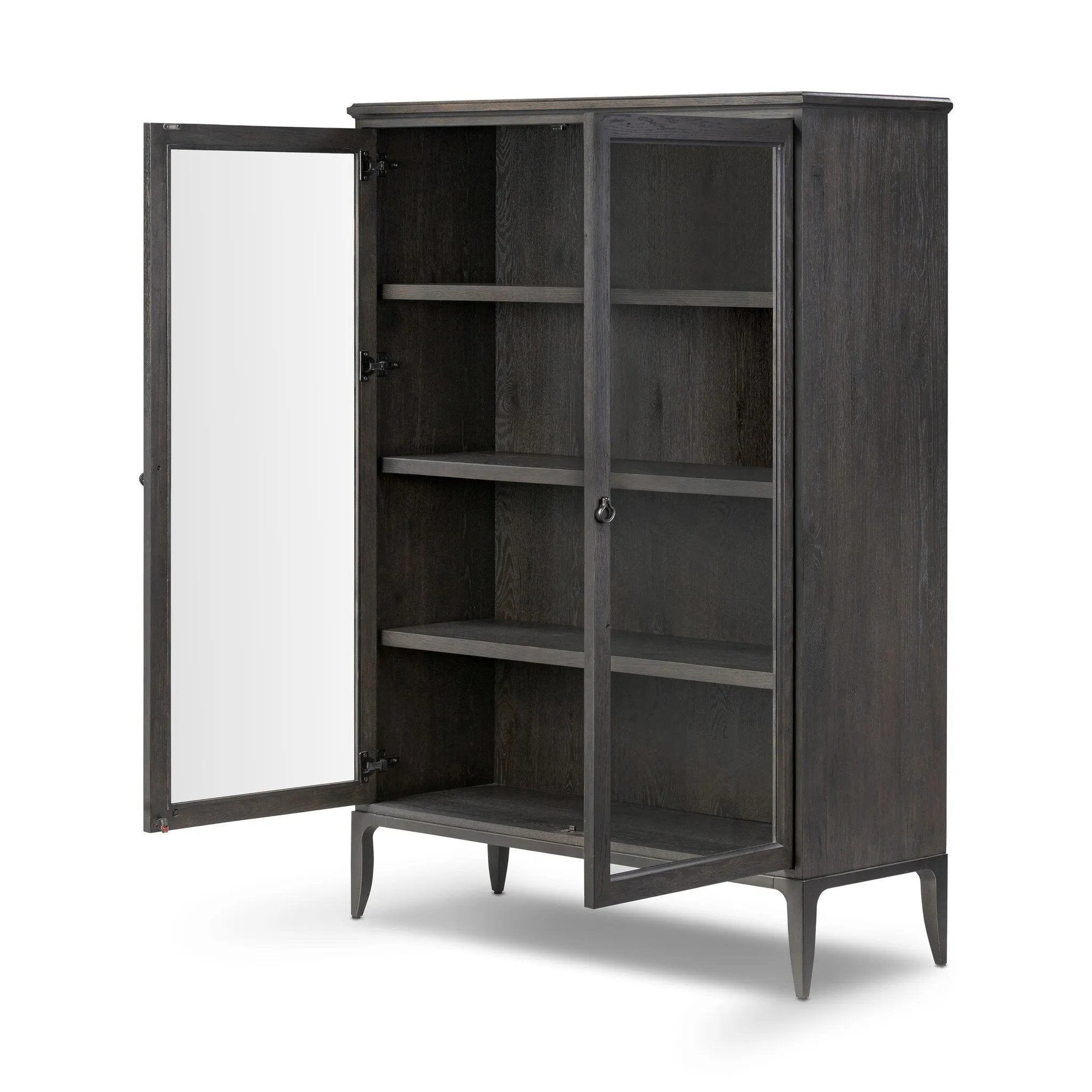 Baroque-period detailing gives this oak cabinet its  classic look. Made from black oak with a metal base and ring pulls, as well as cabriole-like legs to soften the lines Amethyst Home provides interior design, new home construction design consulting, vintage area rugs, and lighting in the Monterey metro area.