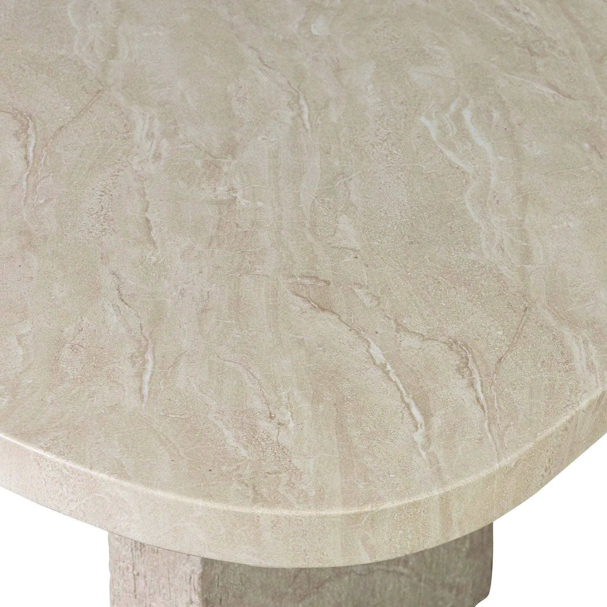 This outdoor dining table features a double pedestal silhouette that's defined by striking contrast between a smooth, refined top and heavily textured legs for a look that's straight from the quarry. It comes together with a water transfer technique on concrete that mimics natural marble. Amethyst Home provides interior design, new home construction design consulting, vintage area rugs, and lighting in the Charlotte metro area.