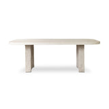 This outdoor dining table features a double pedestal silhouette that's defined by striking contrast between a smooth, refined top and heavily textured legs for a look that's straight from the quarry. It comes together with a water transfer technique on concrete that mimics natural marble. Amethyst Home provides interior design, new home construction design consulting, vintage area rugs, and lighting in the Miami metro area.