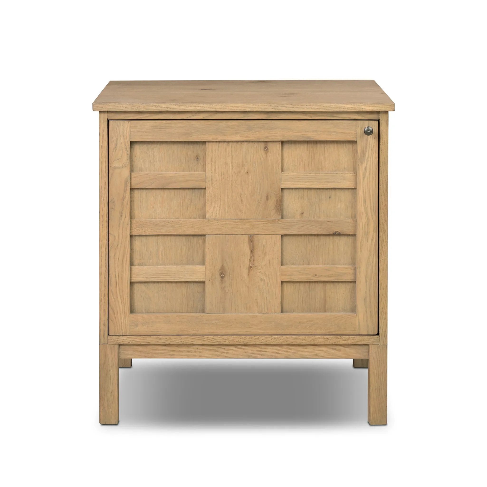 A transitional piece that works into your collection with ease. This solid oak left-side nightstand features a light finish that highlights natural wood cracks and graining inherent to rich character woods. A grid-like patterned door brings dimension to clean, simple shaping, while storage space awaits your favorite books. Amethyst Home provides interior design, new home construction design consulting, vintage area rugs, and lighting in the Dallas metro area.