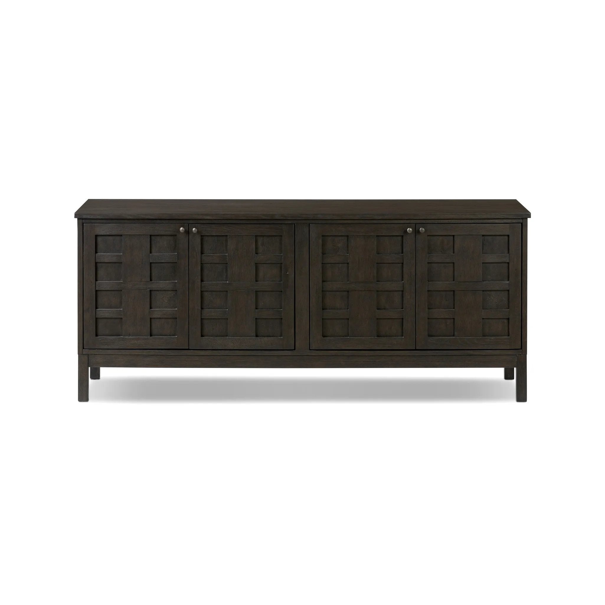 A transitional piece that works into your collection with ease. This solid oak sideboard is finished in a smoked black, highlighting natural graining inherent to rich character woods. Grid-like patterned doors bring dimension to clean, simple shaping, while interior shelving awaits storage of dinnerware, table linens and more. Amethyst Home provides interior design, new home construction design consulting, vintage area rugs, and lighting in the Scottsdale metro area.