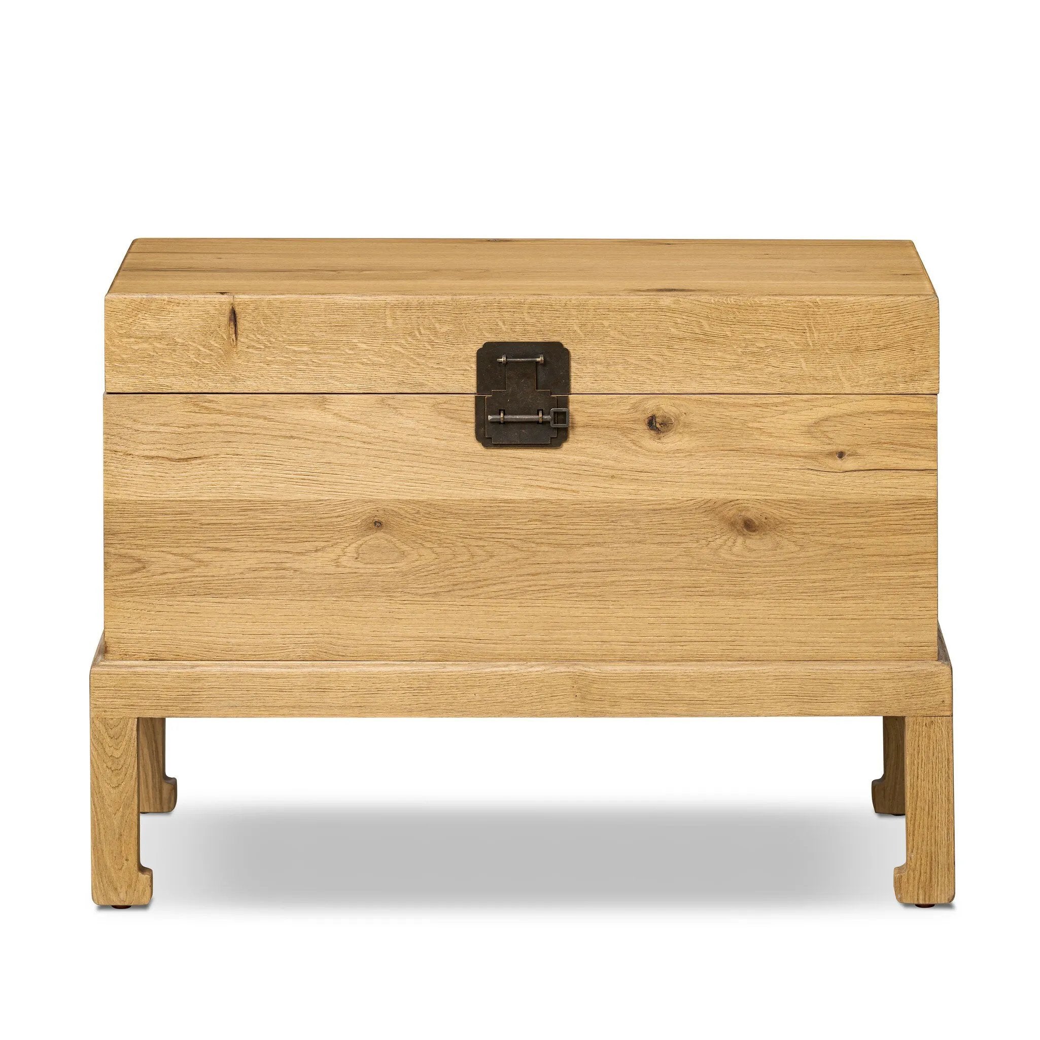 Inspired by classic Chinese antiques, this heritage-style trunk blends timeless design with modern functionality. Crafted from oak with a light, toasted finish, bronzed latch-and-key hardware adds a playful design detail Amethyst Home provides interior design, new home construction design consulting, vintage area rugs, and lighting in the Des Moines metro area.