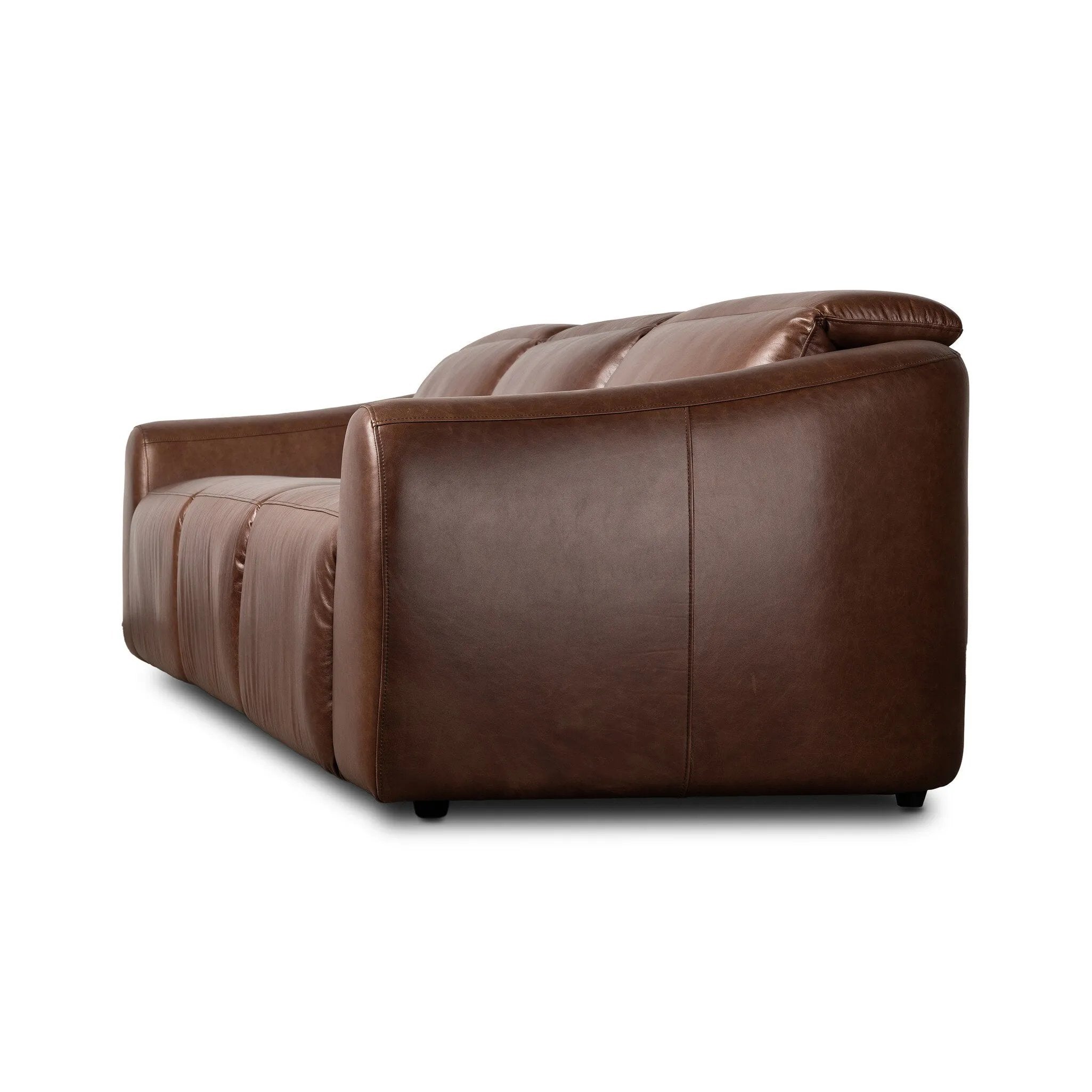 Introducing an Italian-inspired modern sectional with a suite of seating that reclines. Each seat has its very own reclining mechanism so that everyone can sit back and relax. Sectional features waterfall seating, curved arms, adjustable headrests, articulating footrests and rounded back corners. The concealed power motion adjusts comfort level. Amethyst Home provides interior design, new home construction design consulting, vintage area rugs, and lighting in the Los Angeles metro area.