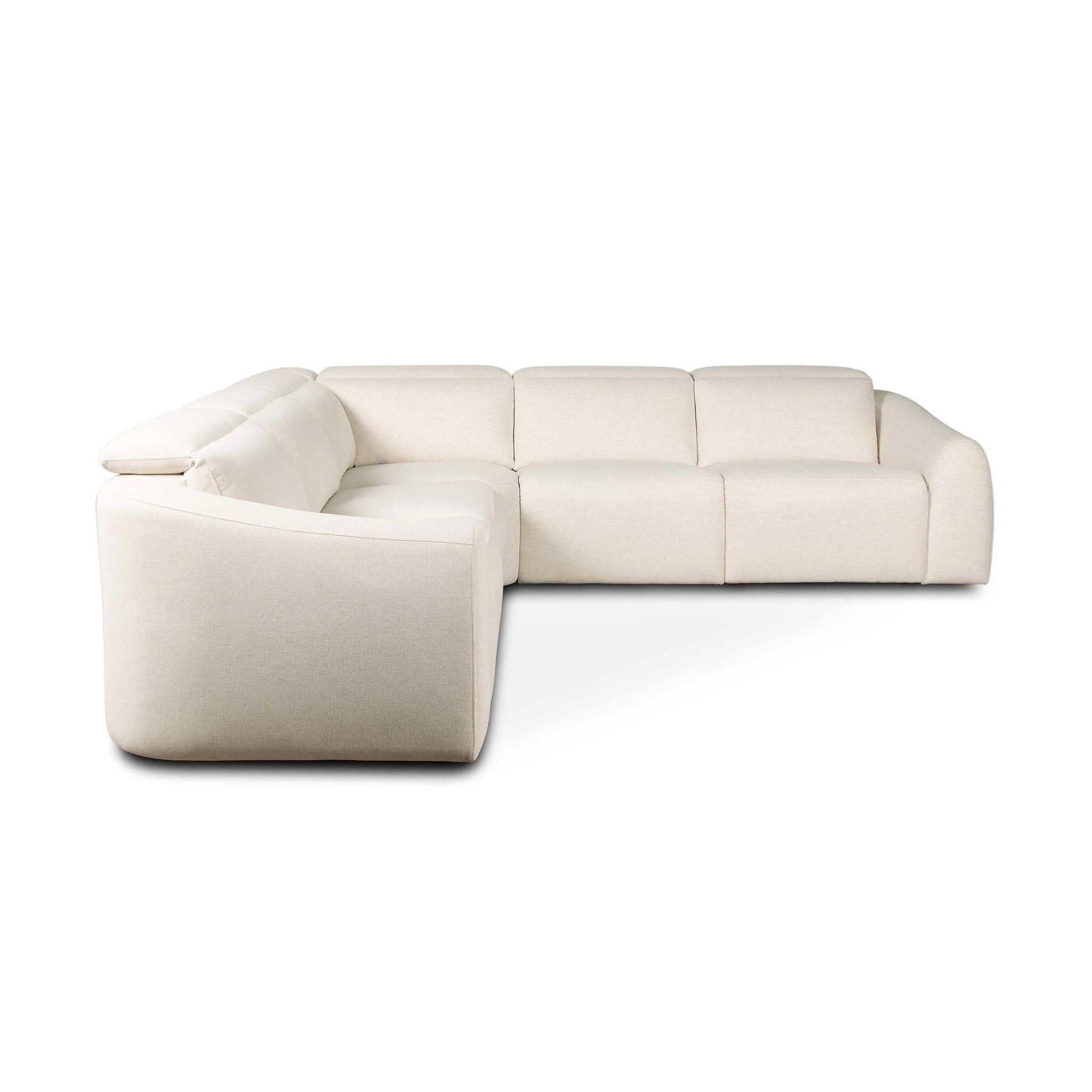 Introducing an Italian-inspired modern sectional with a suite of seating that reclines. Just about every seat on the sofa has its very own reclining mechanism so that everyone can sit back and relax. Sectional features waterfall seating, curved arms, adjustable headrests, articulating footrests and rounded back corners. Amethyst Home provides interior design, new home construction design consulting, vintage area rugs, and lighting in the Houston metro area.